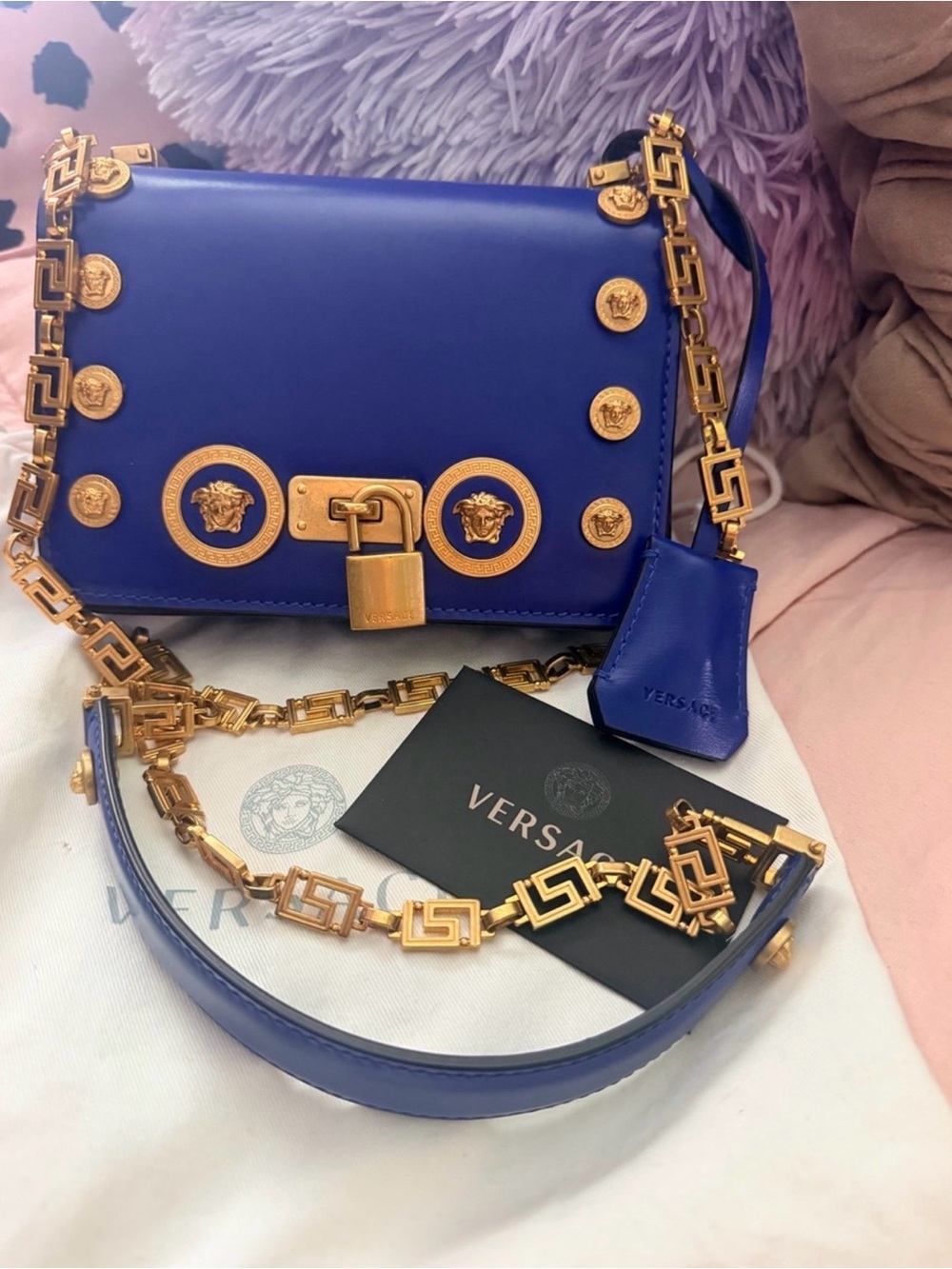 Versace Blue Leather Medusa Shoulder/Crossbody Bag Gold Hardware